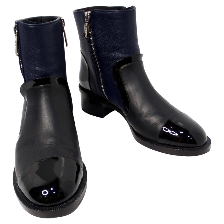 Chanel Navy Blue and Black Leather Interlocking CC Logo Ankle