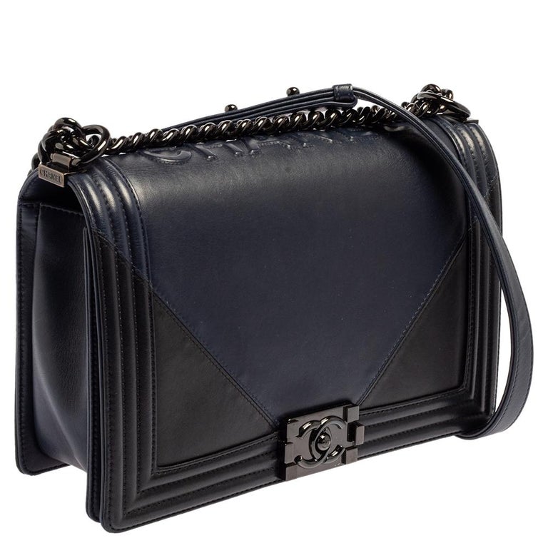 Chanel Navy Blue/Black Leather New Medium Boy Flap Bag