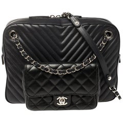 Chanel Navy Blue/Black Quilted And Chevron Leather Metiers d'art Camera Bag