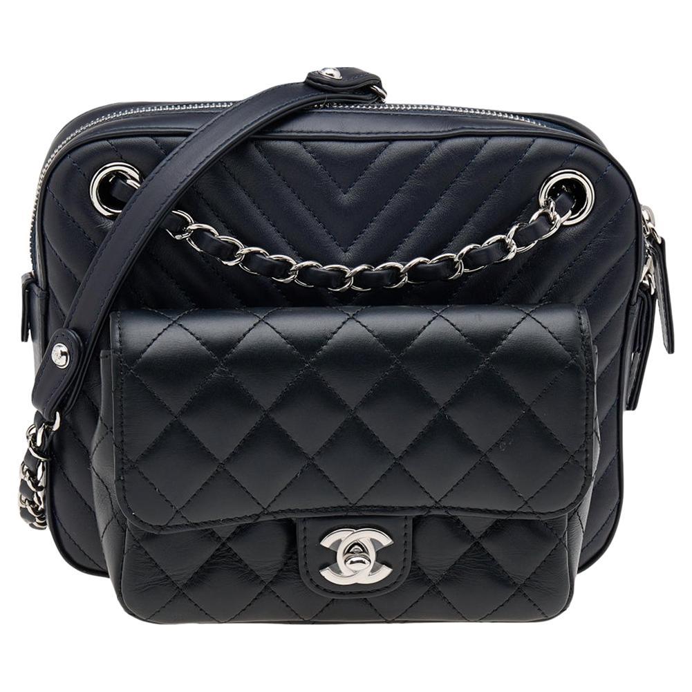 Chanel Navy Blue/Black Quilted And Chevron Leather Metiers d'art Camera Case Bag