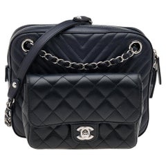 Chanel Navy Blue/Black Quilted And Chevron Leather Metiers d'art Camera Case Bag