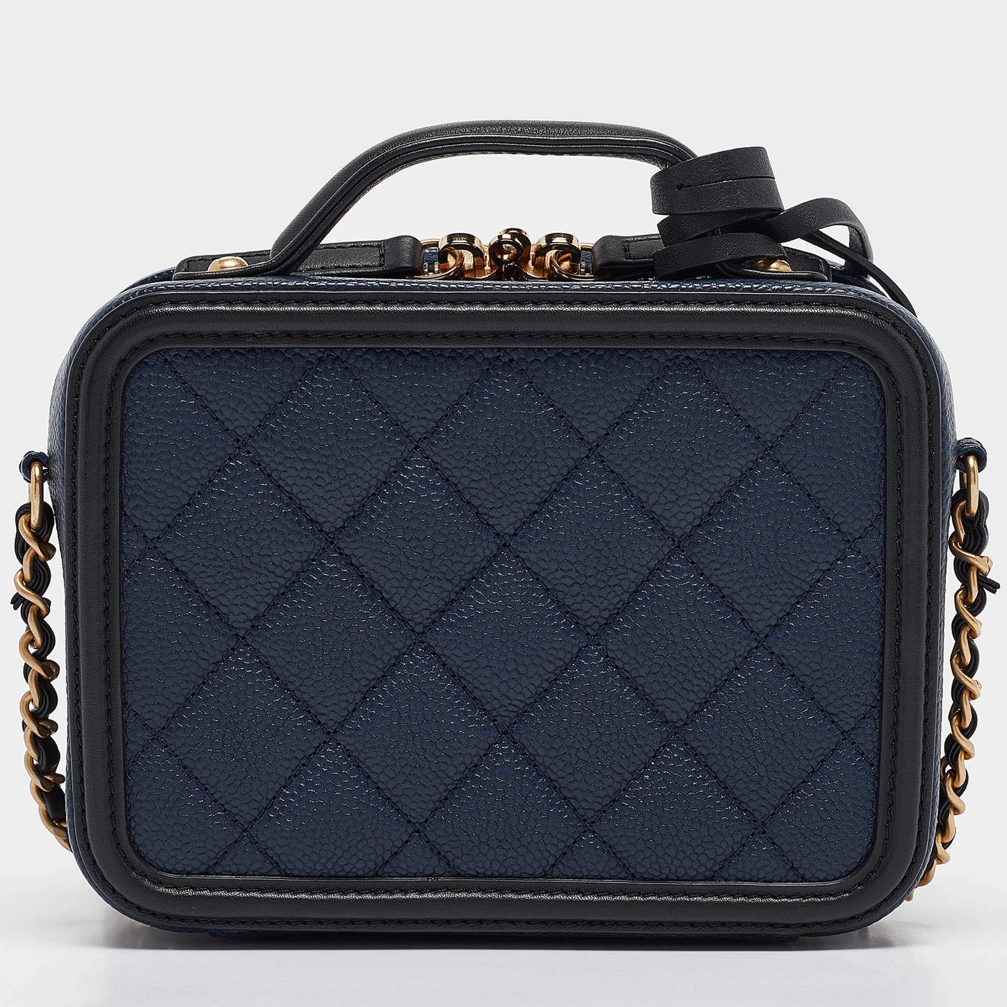 Women's Chanel Navy Blue/Black Quilted Caviar Leather Small CC Filigree Vanity Case Bag