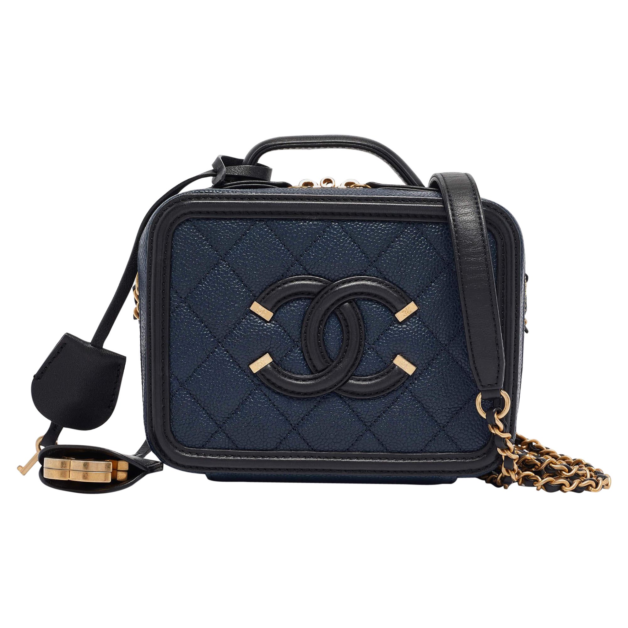 Chanel Navy Blue/Black Quilted Caviar Leather Small CC Filigree Vanity Case Bag