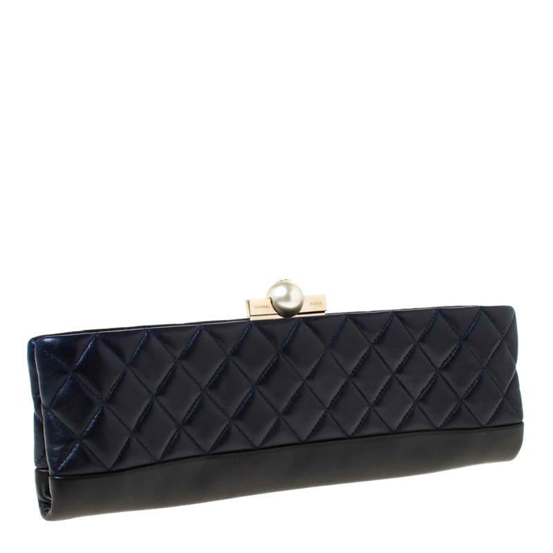 Chanel Navy Blue/Black Quilted Leather Baguette Minaudiere Clutch 6