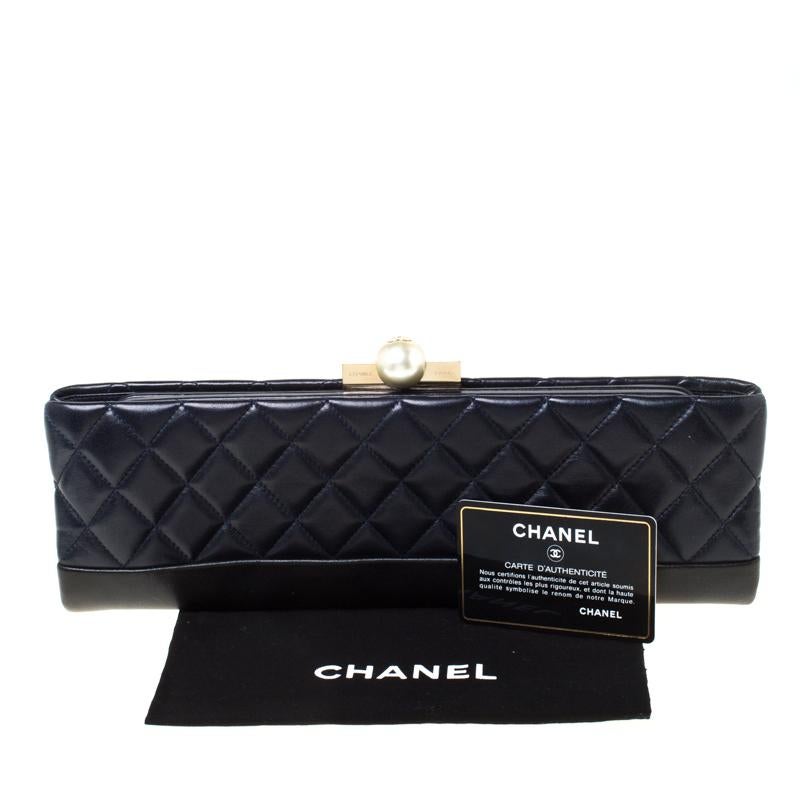 Chanel Navy Blue/Black Quilted Leather Baguette Minaudiere Clutch 8