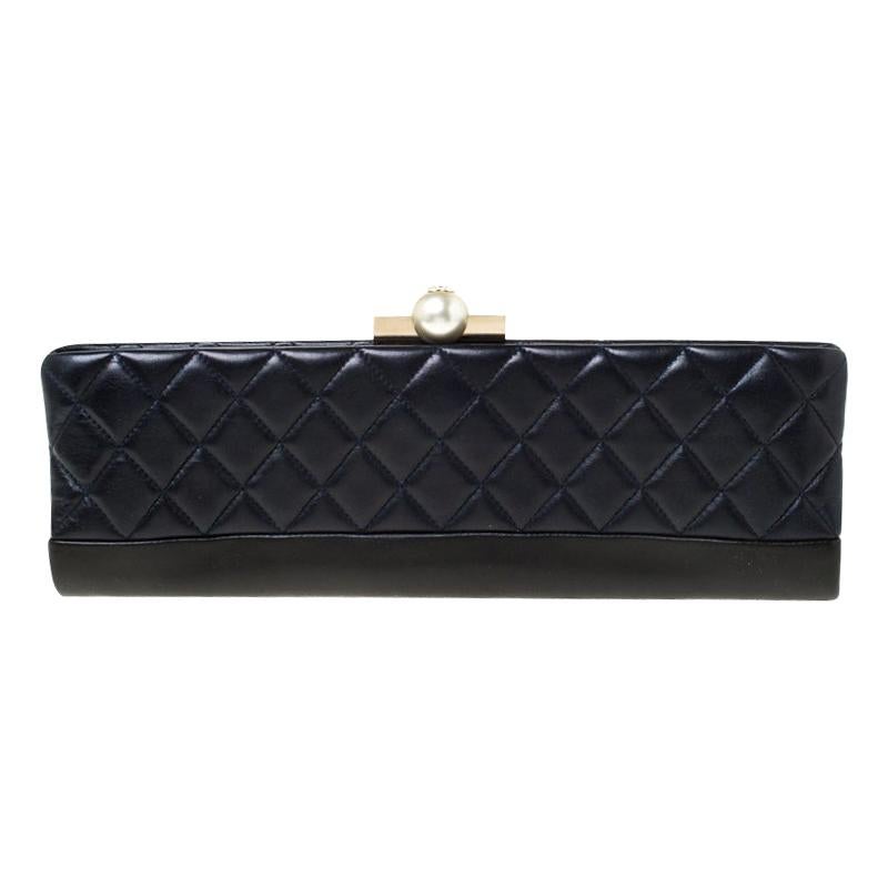 Chanel Navy Blue/Black Quilted Leather Baguette Minaudiere Clutch