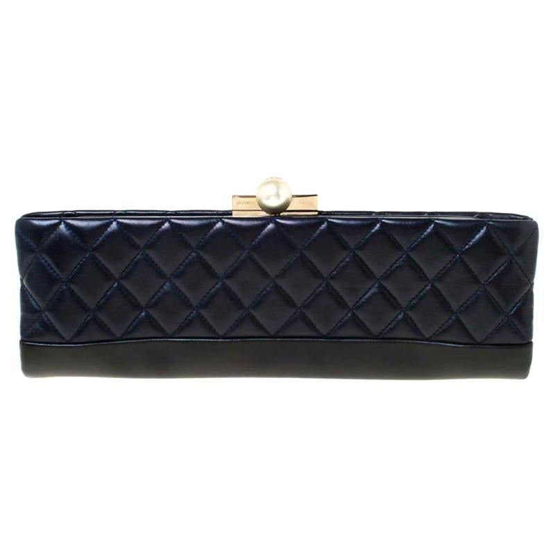 Chanel Navy Blue/Black Quilted Leather Baguette Minaudiere Clutch