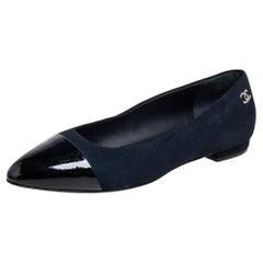 Chanel Navy Blue/Black Suede and Patent Leather CC Cap Toe Ballet Flats Size 38