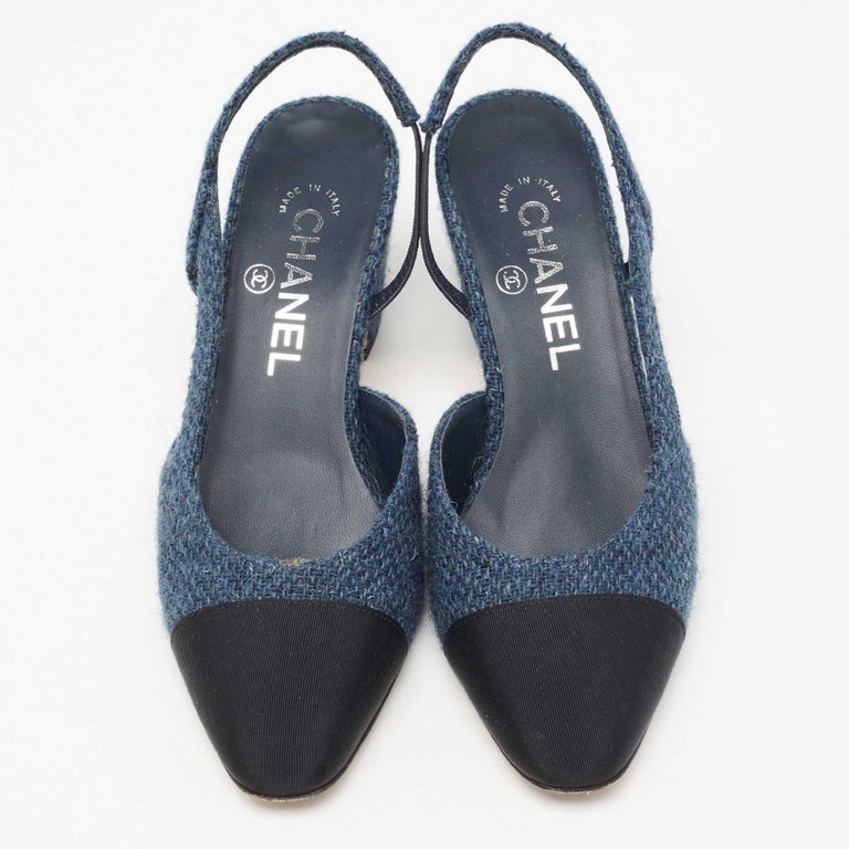 Chanel Navy Blue/Black Tweed And Canvas Cap Toe Slingback Sandals Size 36