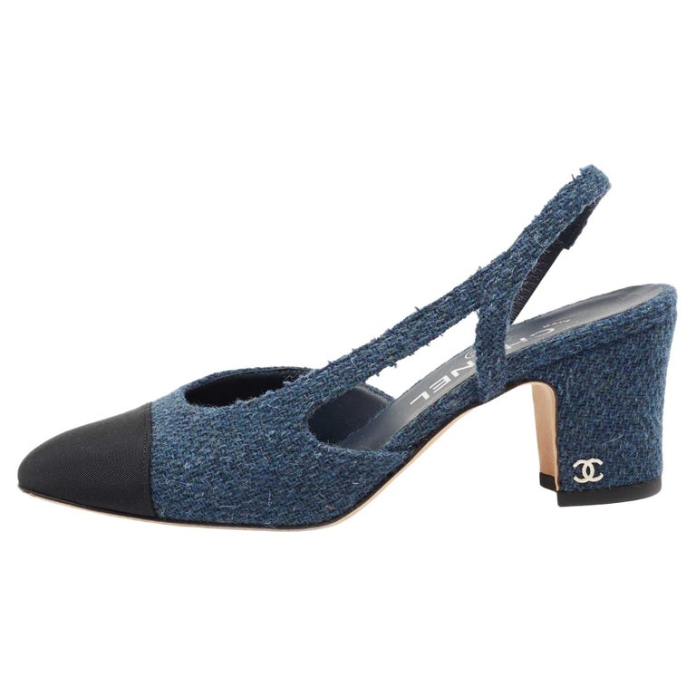 CHANEL, Shoes, Chanel Two Tone Navy And Black Canvas Pearl Detail  Slingback Flats