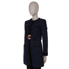 CHANEL navy blue & black wool 17P BELTED HOUNDSTOOTH TWEED Coat Jacket 36 XS
