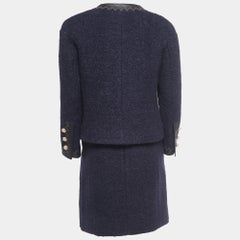 Chanel Navy Blue Boucle Wool Leather Trimmed Salzburg Skirt Suit