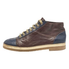 Chanel Navy Blue/Burgundy Leather CC Ankle Boots Size 40.5
