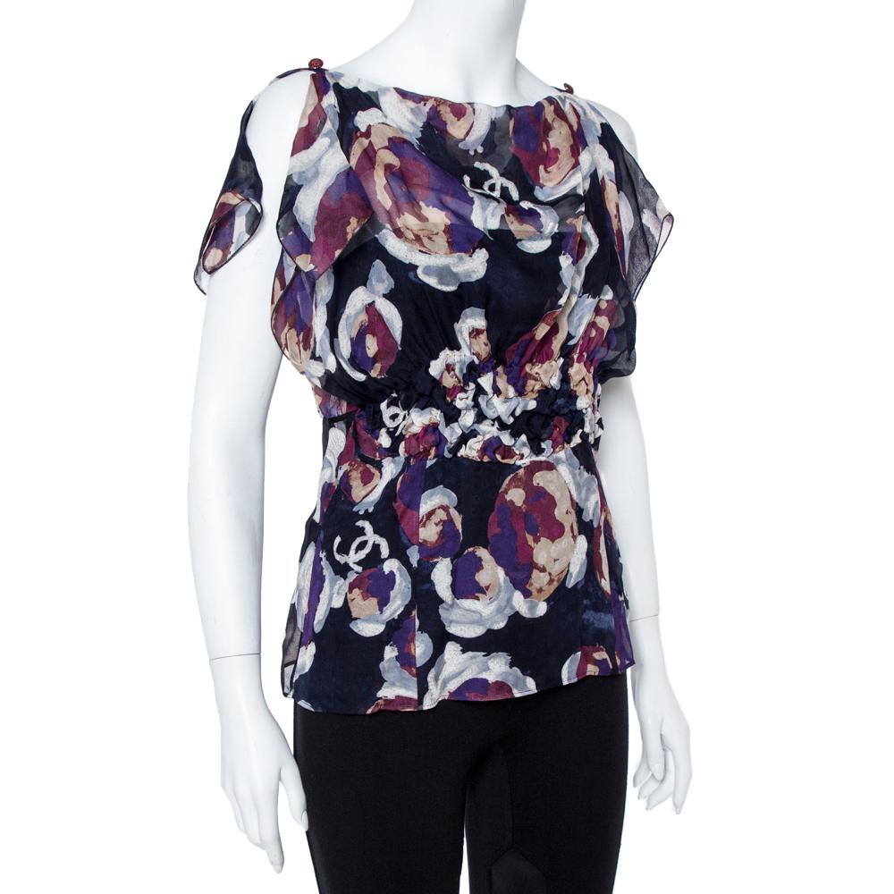 Chanel Marineblau Kameliendruck Seide Smocked Sheer Bluse L (Schwarz)