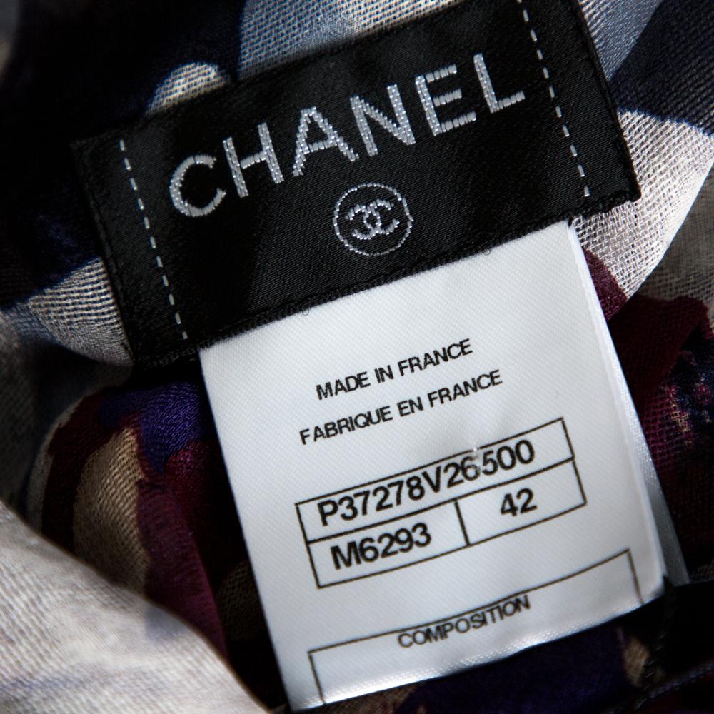 Chanel Marineblau Kameliendruck Seide Smocked Sheer Bluse L 1