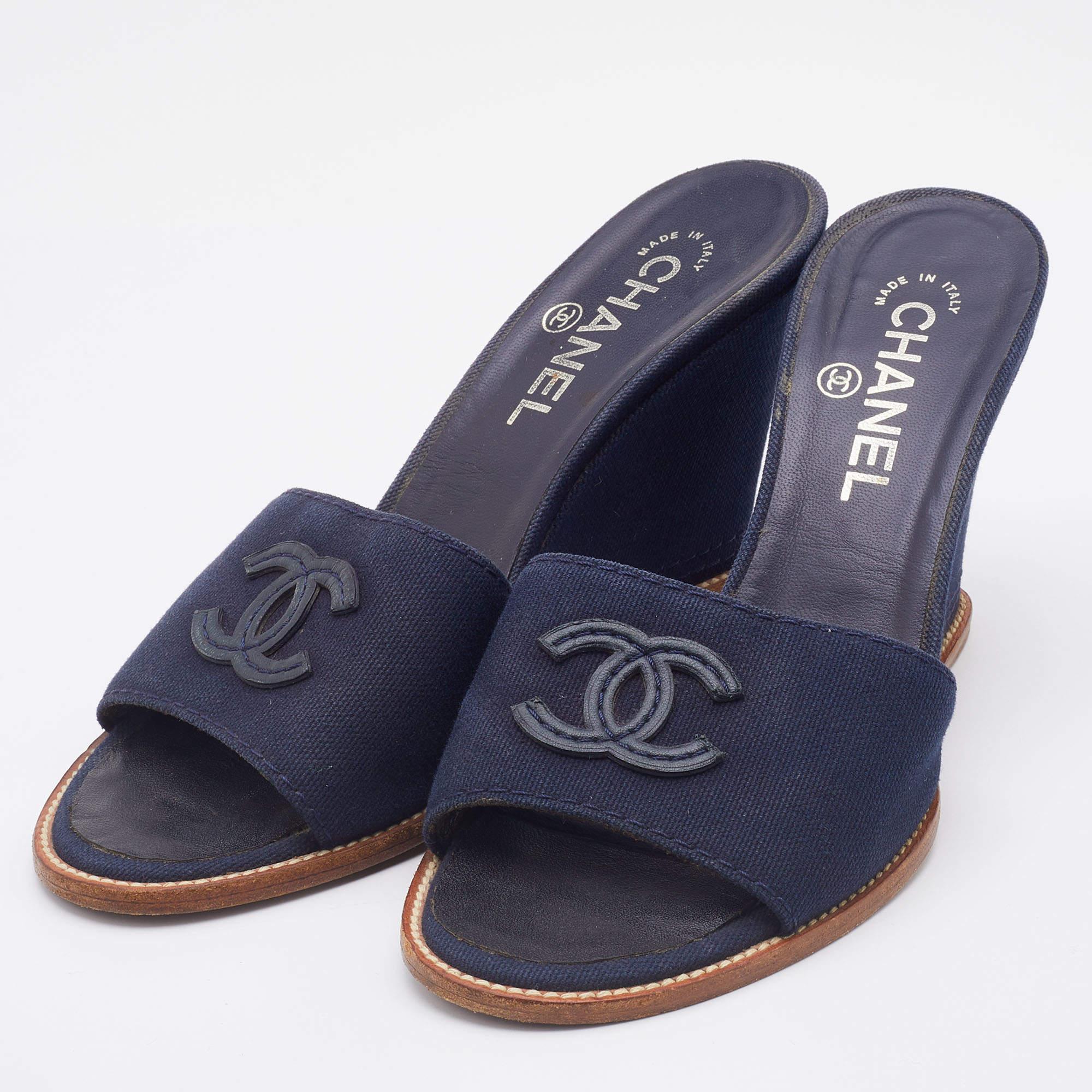 Black Chanel Navy Blue Canvas CC Slide Wedge Sandals Size 38.5