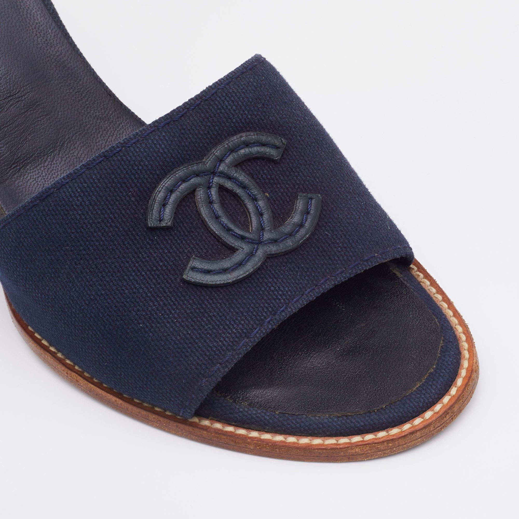 Women's Chanel Navy Blue Canvas CC Slide Wedge Sandals Size 38.5