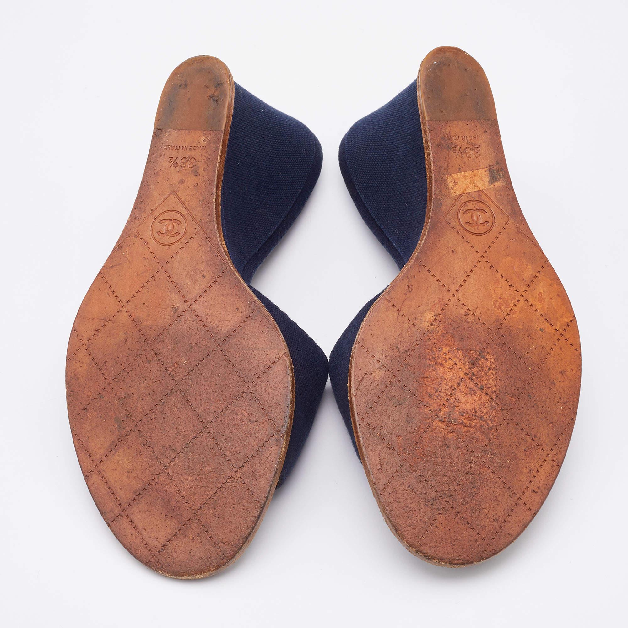 Chanel Navy Blue Canvas CC Slide Wedge Sandals Size 38.5 1