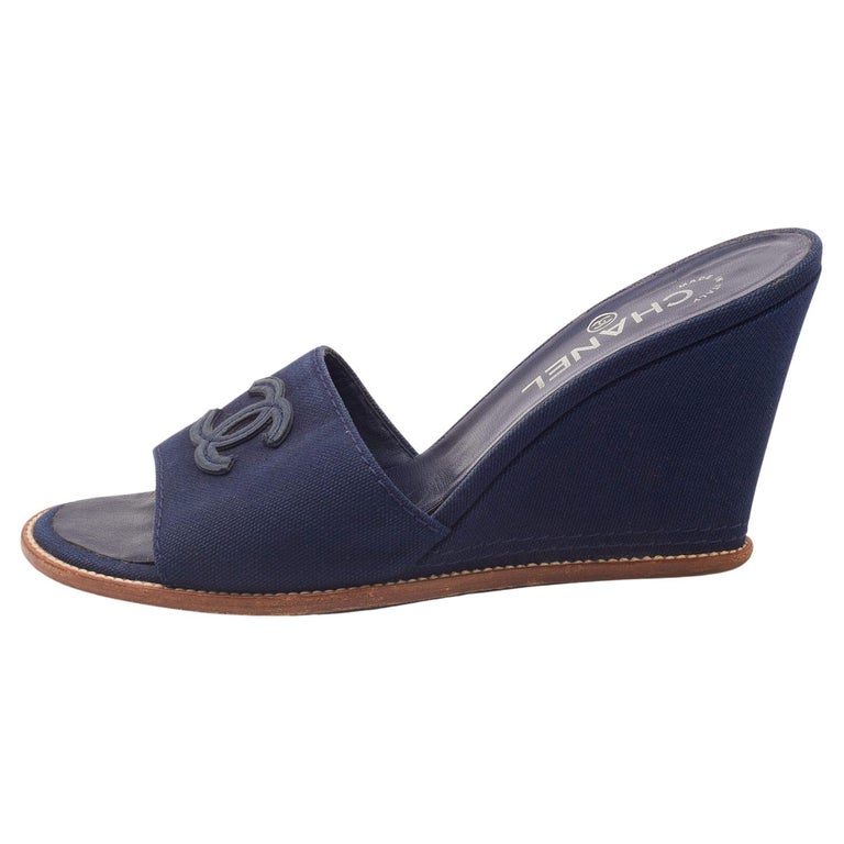 Chanel Navy Blue Canvas CC Slide Wedge Sandals Size 38.5 at 1stDibs