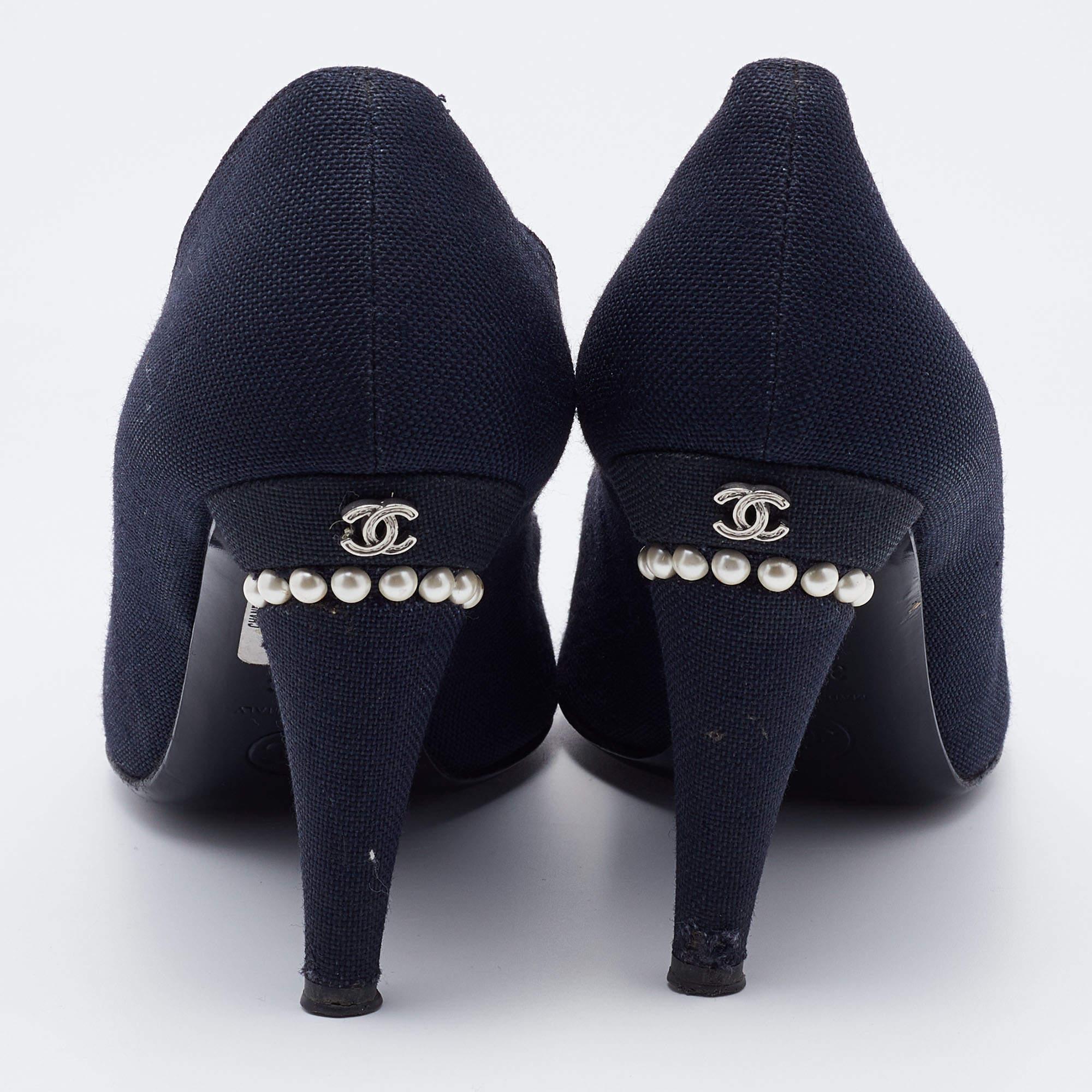 Chanel Navy Blue Canvas Embellished Pointed Toe Pumps Size 39.5 2