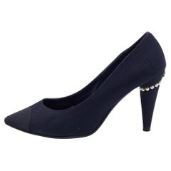 Chanel Navy Blue Canvas Embellished Pointed Toe Pumps Size 39.5