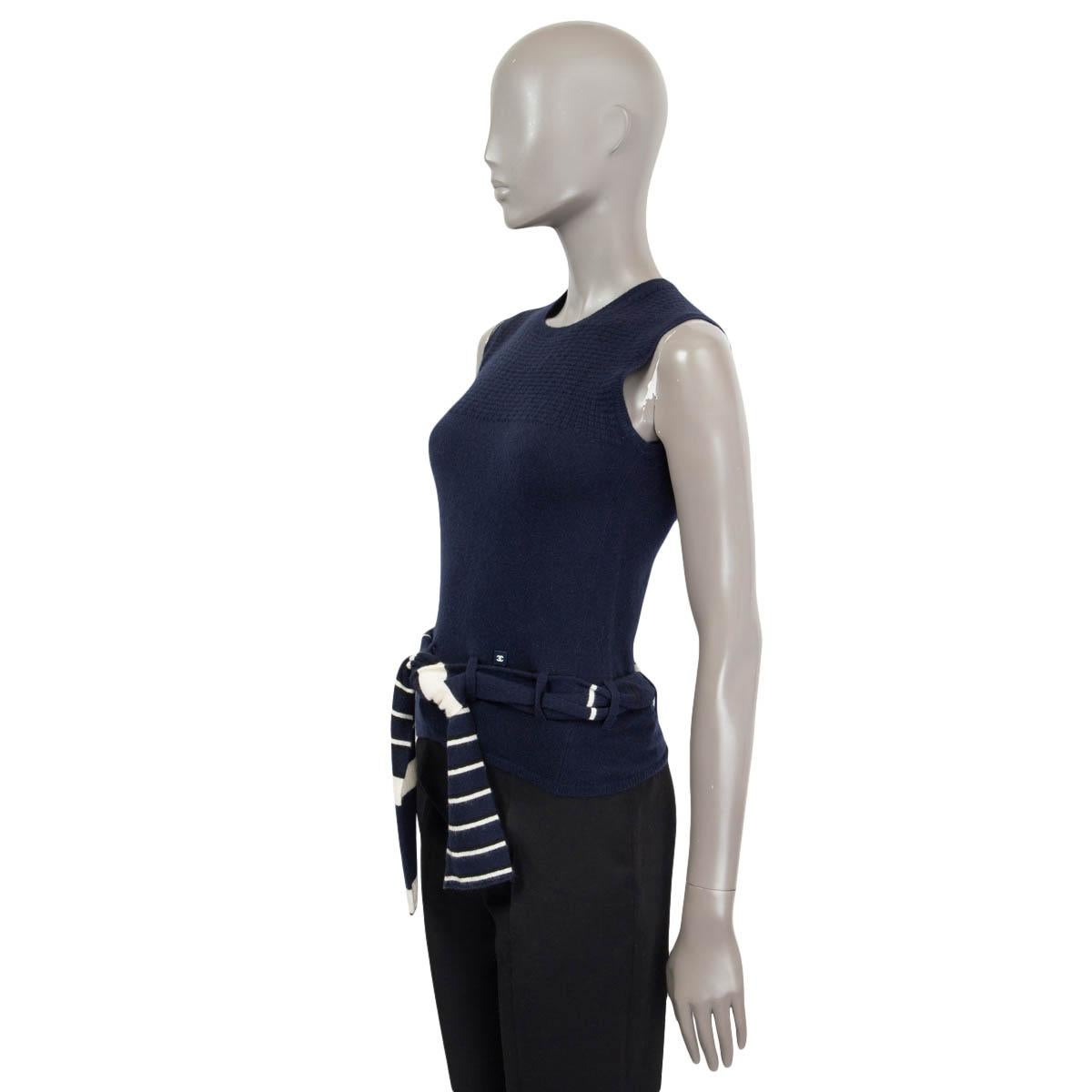 Women's CHANEL navy blue cashmere 2002 SLEEVELESS BELTED KNIT TOP Shirt 38 S For Sale