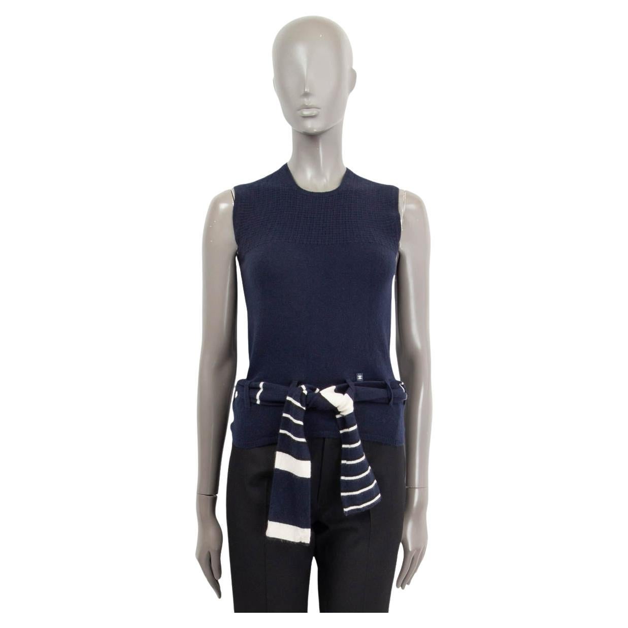 CHANEL navy blue cashmere 2002 SLEEVELESS BELTED KNIT TOP Shirt 38 S For Sale