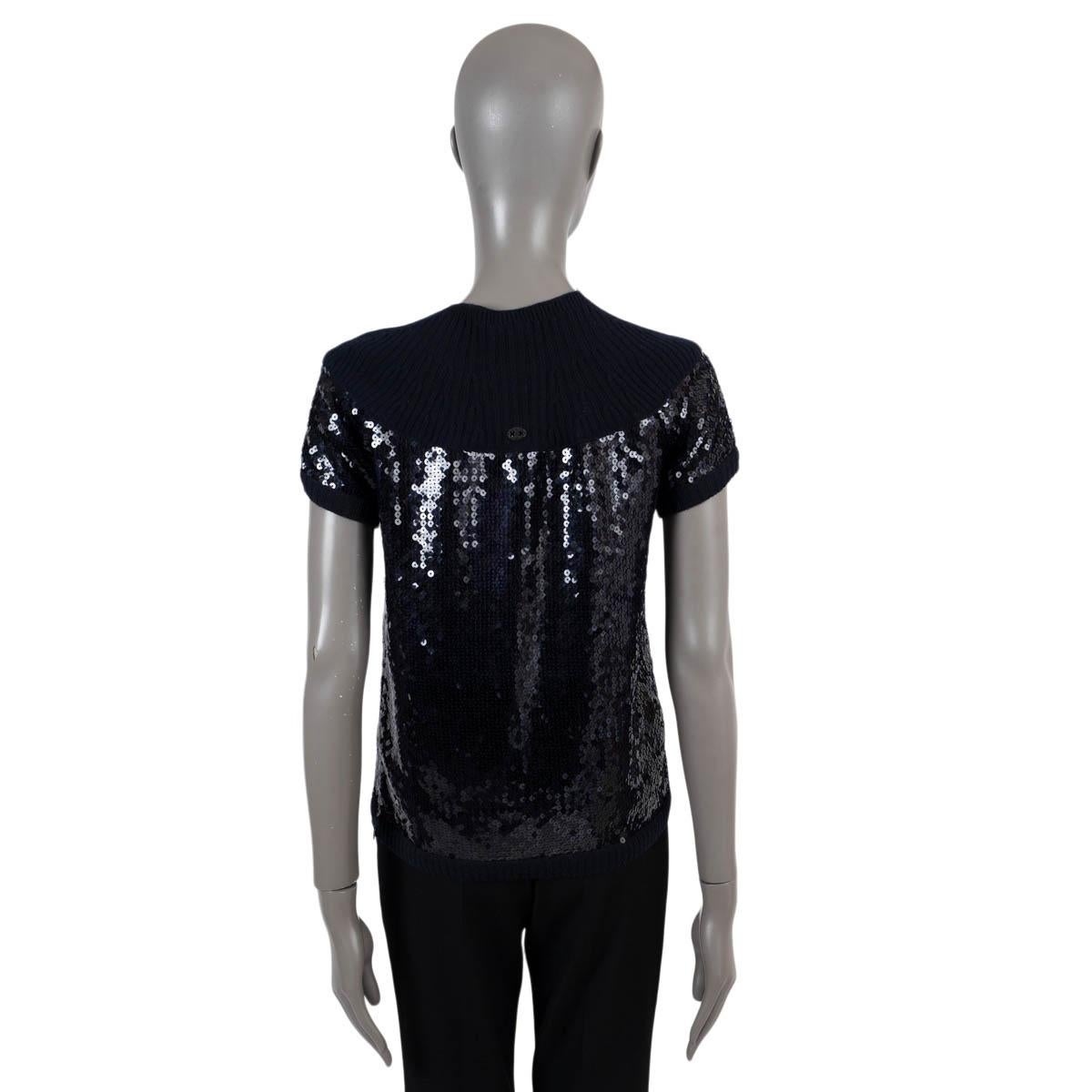 Women's CHANEL navy blue cashmere 2008 08A SEQUIN SHORT SLEEVE Sweater 38 S For Sale