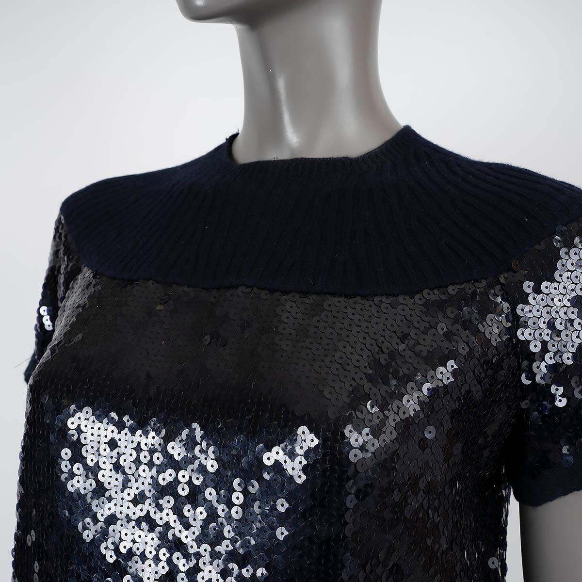 CHANEL navy blue cashmere 2008 08A SEQUIN SHORT SLEEVE Sweater 38 S For Sale 2