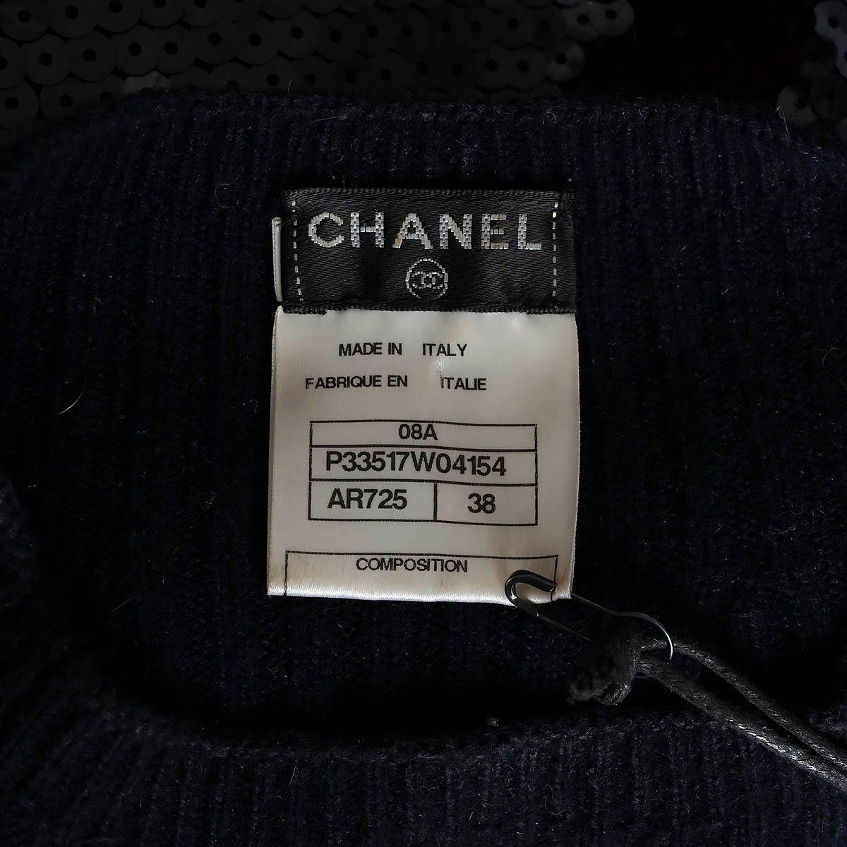 CHANEL navy blue cashmere 2008 08A SEQUIN SHORT SLEEVE Sweater 38 S For Sale 4