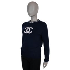 CHANEL navy blue cashmere 21P CC JACQUARD Sweater 34 XS