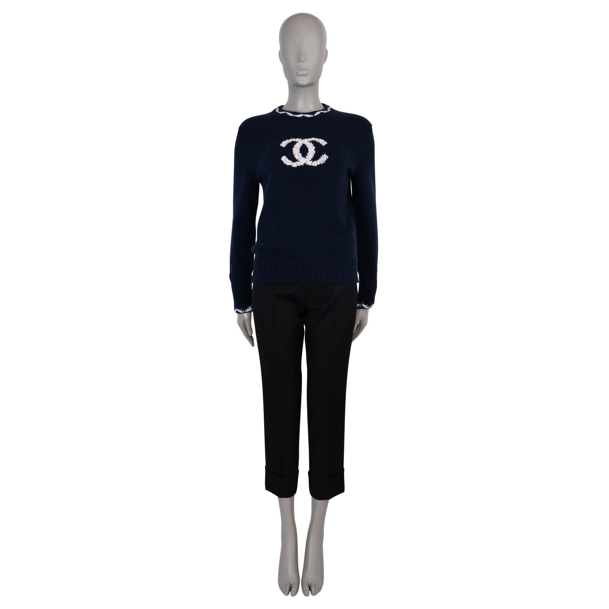 De las mujeres CHANEL azul marino cachemira 21P CC JACQUARD Jersey 34 XS en venta