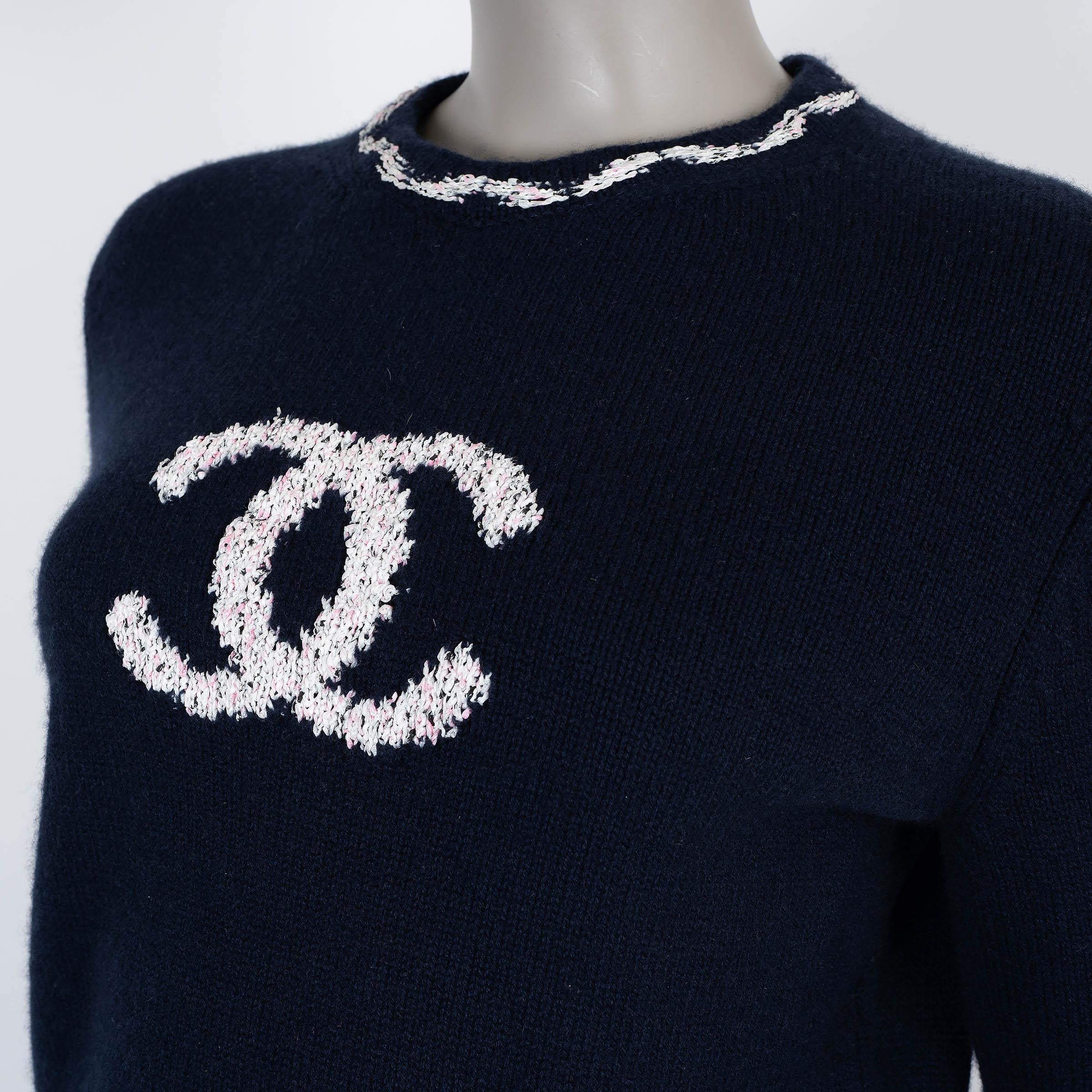 CHANEL azul marino cachemira 21P CC JACQUARD Jersey 34 XS en venta 1