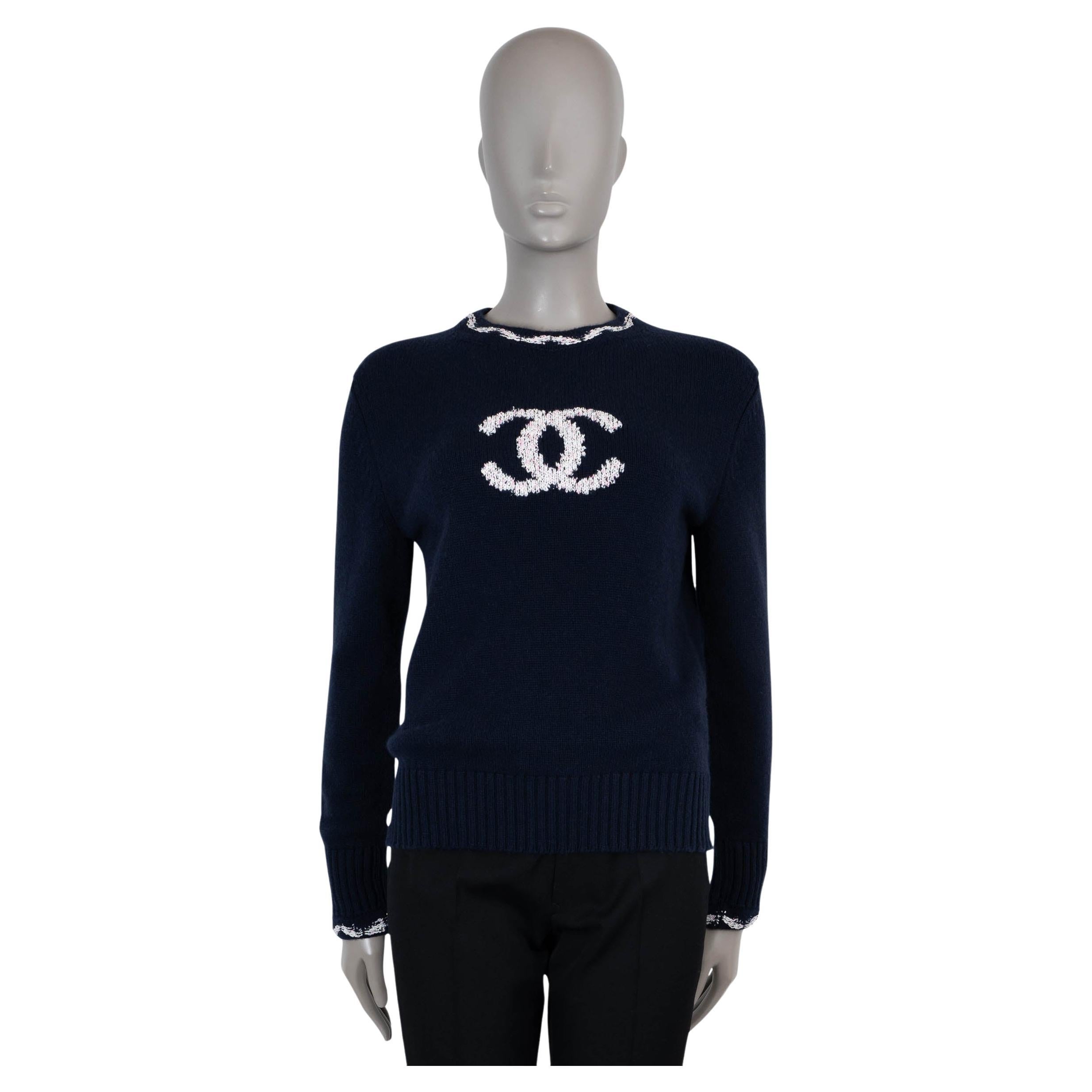 CHANEL azul marino cachemira 21P CC JACQUARD Jersey 34 XS en venta