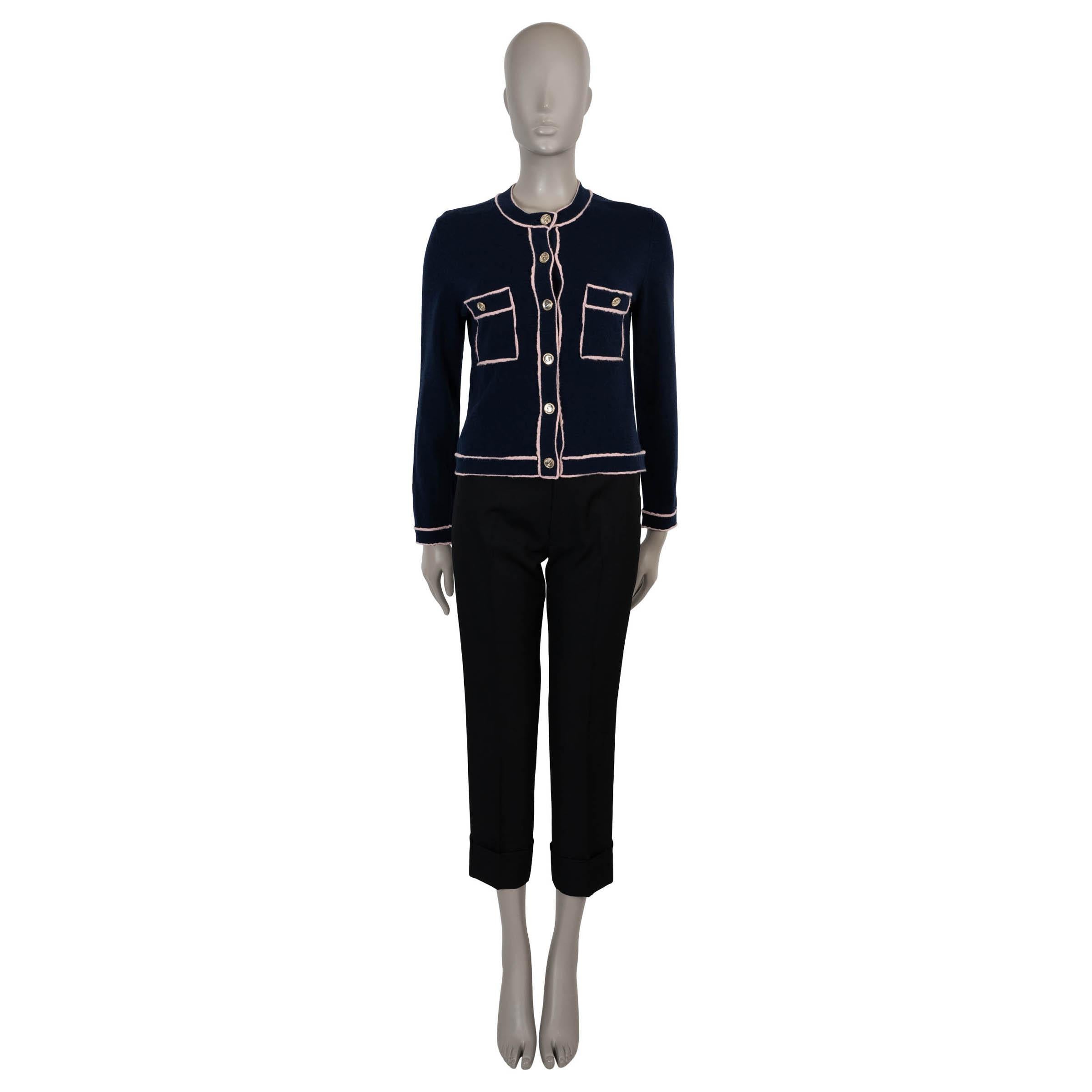 Women's CHANEL navy blue cashmere 21S CONTRAST TRIM Cardigan Sweater 38 S For Sale