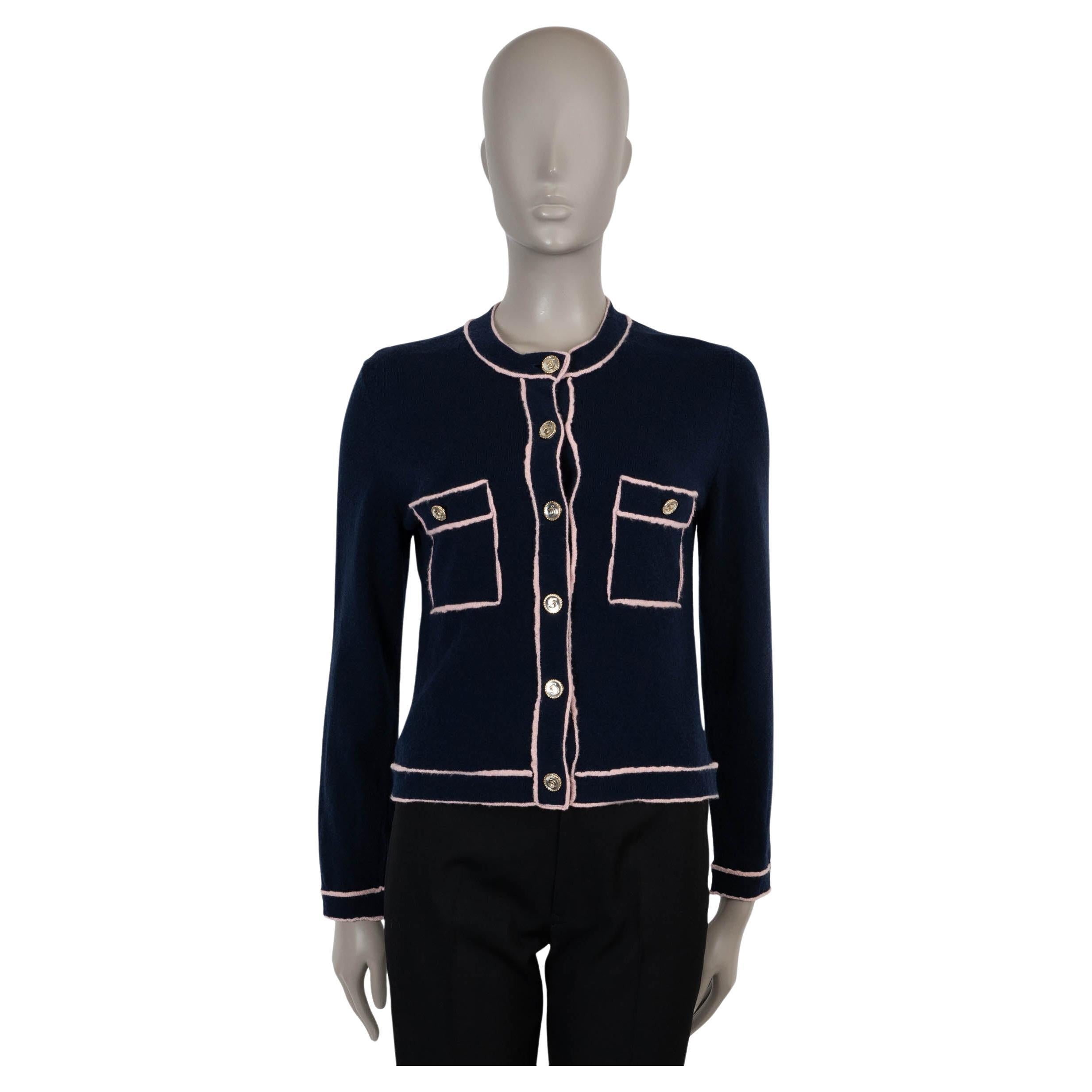 CHANEL navy blue cashmere 21S CONTRAST TRIM Cardigan Sweater 38 S For Sale