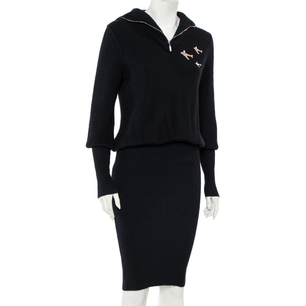 Black Chanel Navy Blue Cashmere Airplane Detail Fitted Dress S