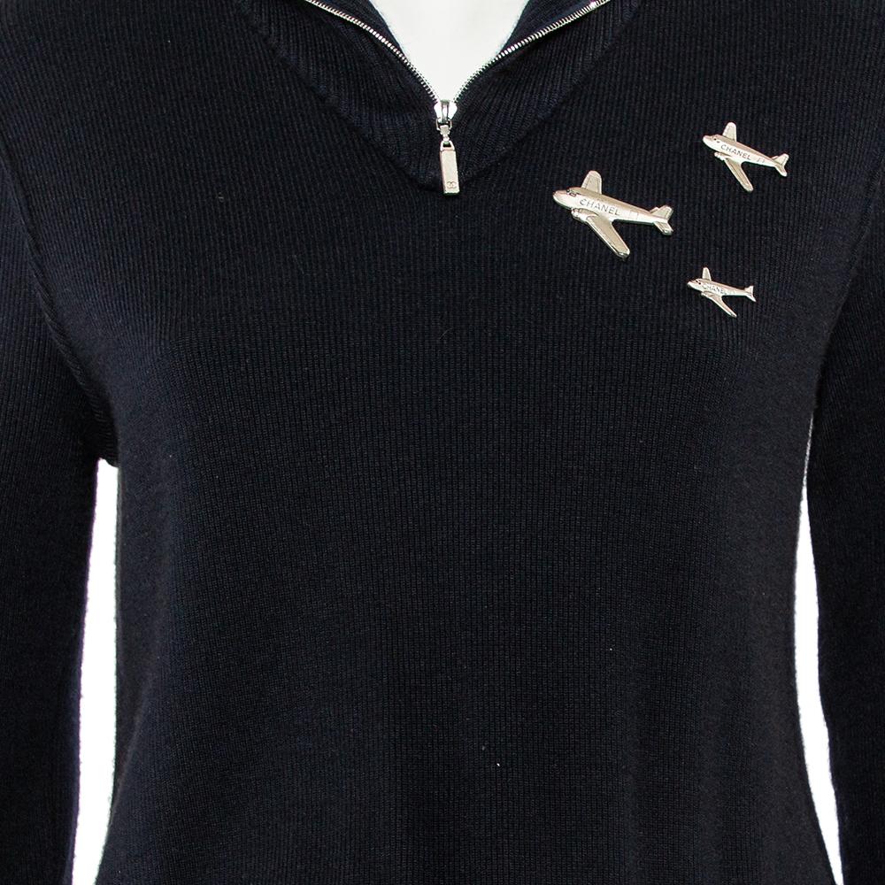 Chanel Navy Blue Cashmere Airplane Detail Fitted Dress S 1