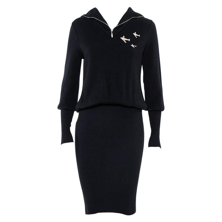 Chanel Navy Blue Cashmere Airplane Detail Fitted Dress S