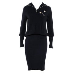 Chanel Navy Blue Cashmere Airplane Detail Fitted Dress S