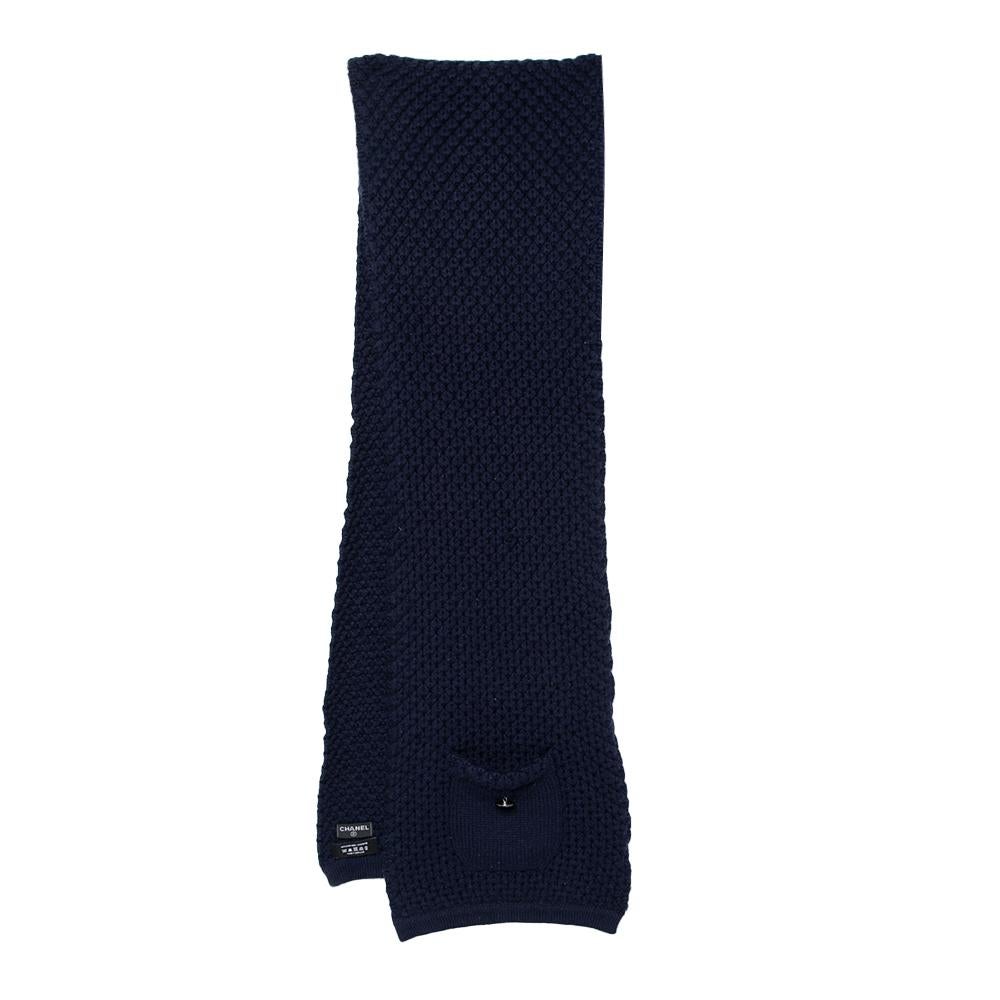 Black Chanel Navy Blue Cashmere Chunky Knit Muffler