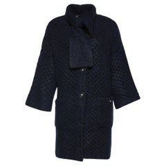 Chanel Navy Blue Cashmere & Silk Chunky Knit Scarf Detail Coat M