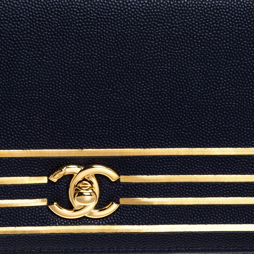 Chanel Navy Blue Caviar Leather Captain Gold Clutch 3