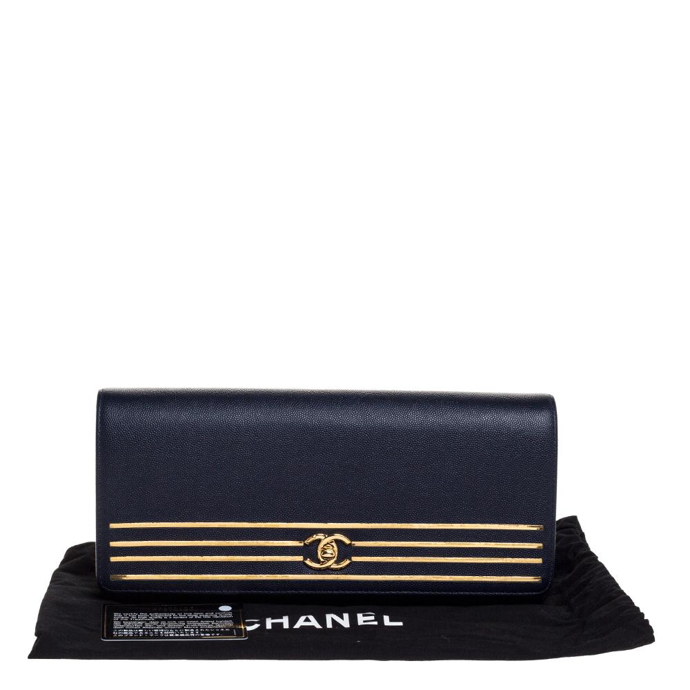 Chanel Navy Blue Caviar Leather Captain Gold Clutch 4