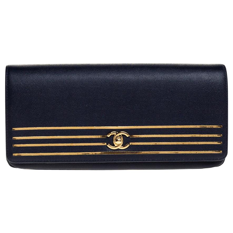 Chanel Navy Blue Caviar Leather Captain Gold Clutch