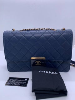 CHANEL Navy Blue Chain Beauty Lock Gold Hardware Bag