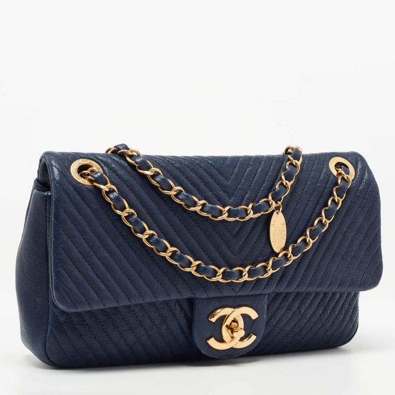Chanel Navy Blue Chevron Leather Medallion Charm Flap Bag at 1stDibs
