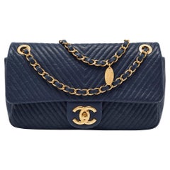 Chanel Navy Blue Chevron Leather Medallion Charm Flap Bag