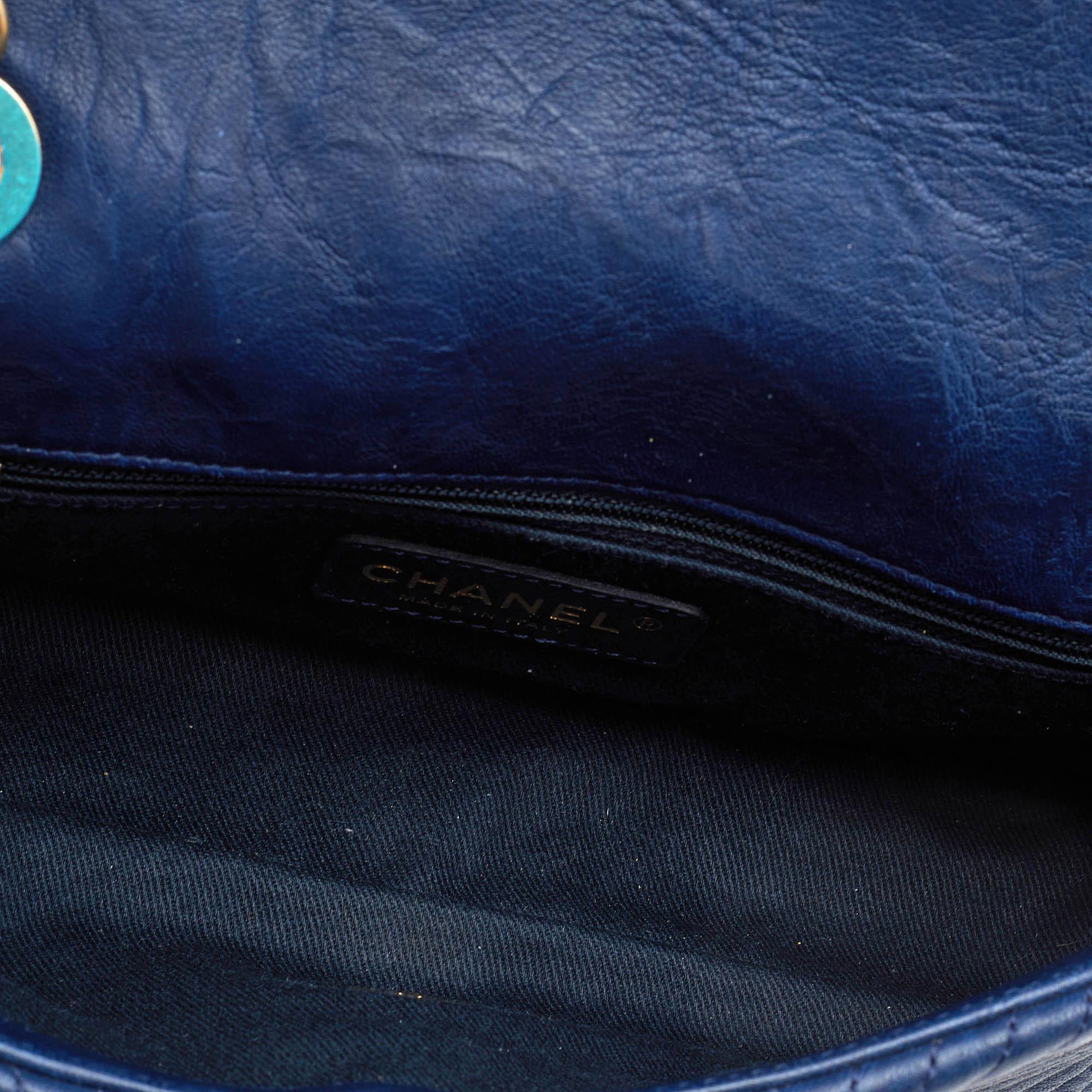 Chanel Navy Blue Chevron Leather Small Medallion Charm Flap Bag 1