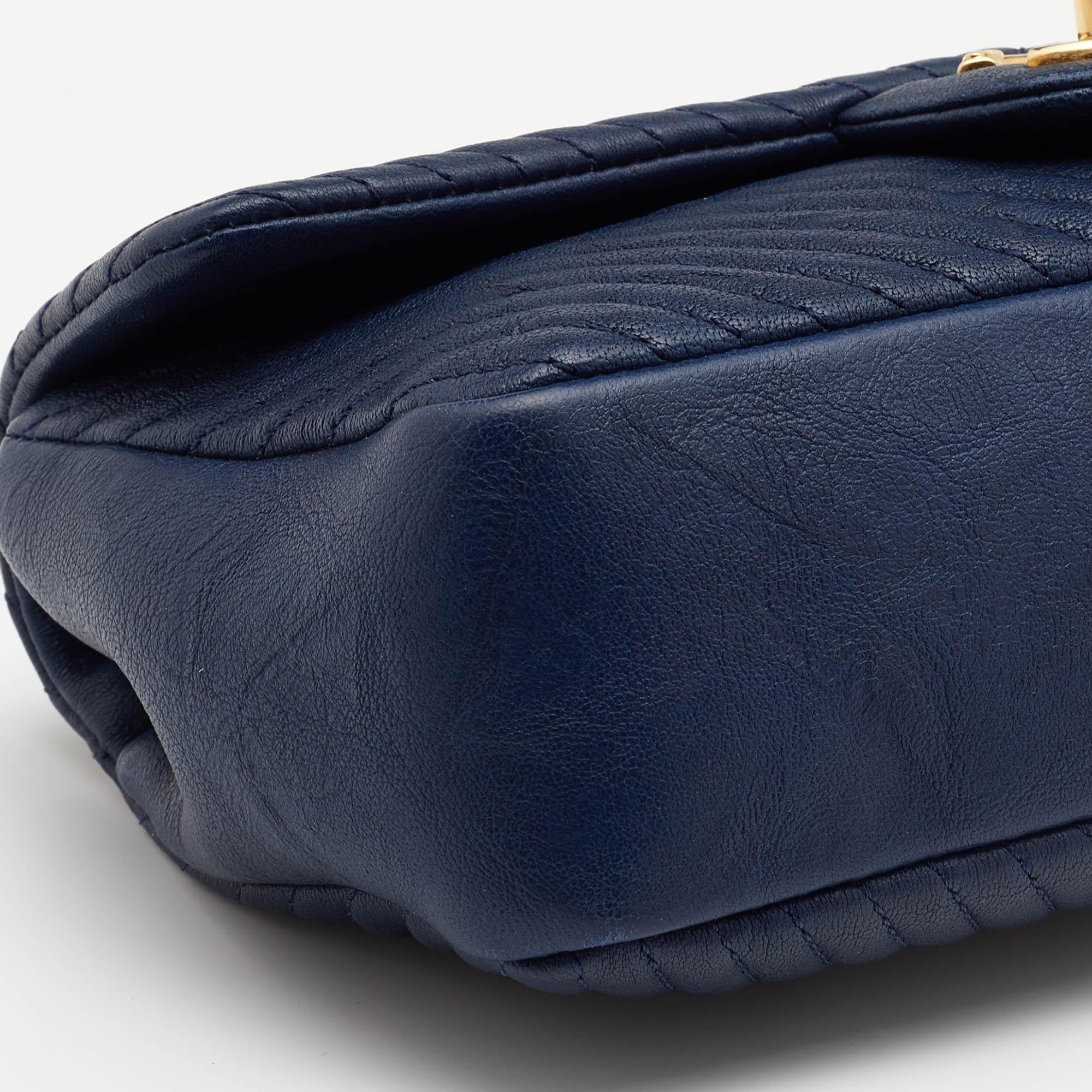 Chanel Navy Blue Chevron Leather Small Medallion Charm Flap Bag 2